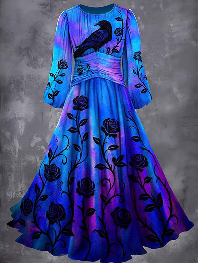 Gothic Raven Art Printed Vintage Round Neck Long Sleeve Maxi Dress