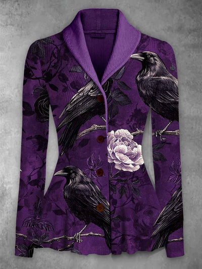 Retro Floral Art Printed Vintage Lapel V-Neck Long-Sleeved Button-up Cardigan Top