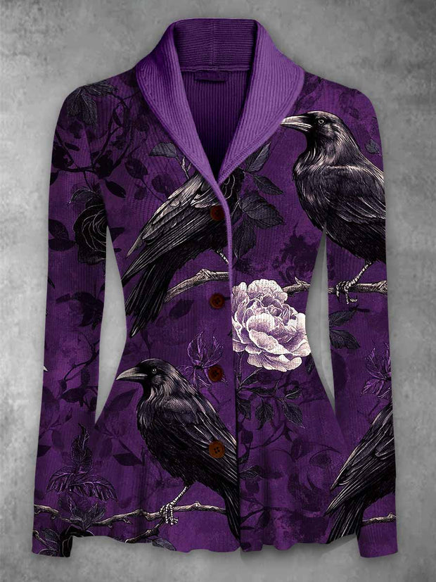 Retro Floral Art Printed Vintage Lapel V-Neck Long-Sleeved Button-up Cardigan Top