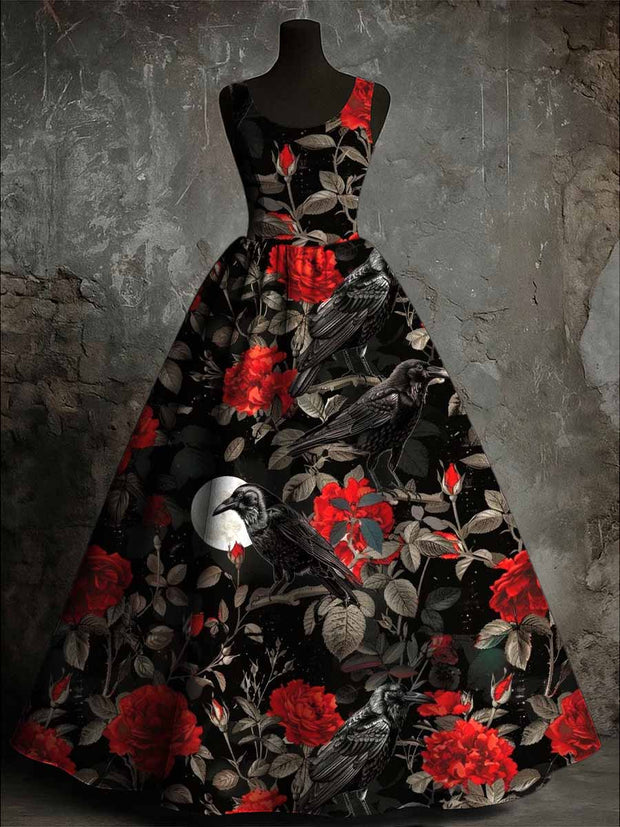 Gothic Crow Floral Art Print Vintage Round Neck Sleeveless Maxi Dress