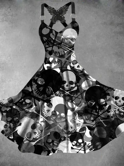 Retro Halloween Gothic Floral Art Printed Vintage V-Neck Pleated Butterfly Cross-Wrap Midi Dress