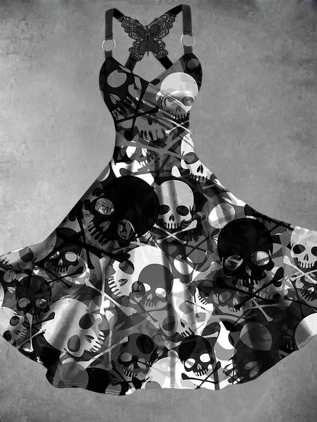 Retro Halloween Gothic Floral Art Printed Vintage V-Neck Pleated Butterfly Cross-Wrap Midi Dress