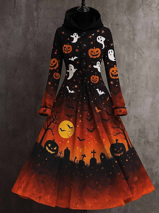 Gothic Pumpkin Art Print Vintage Long Sleeve Hooded Maxi Dress