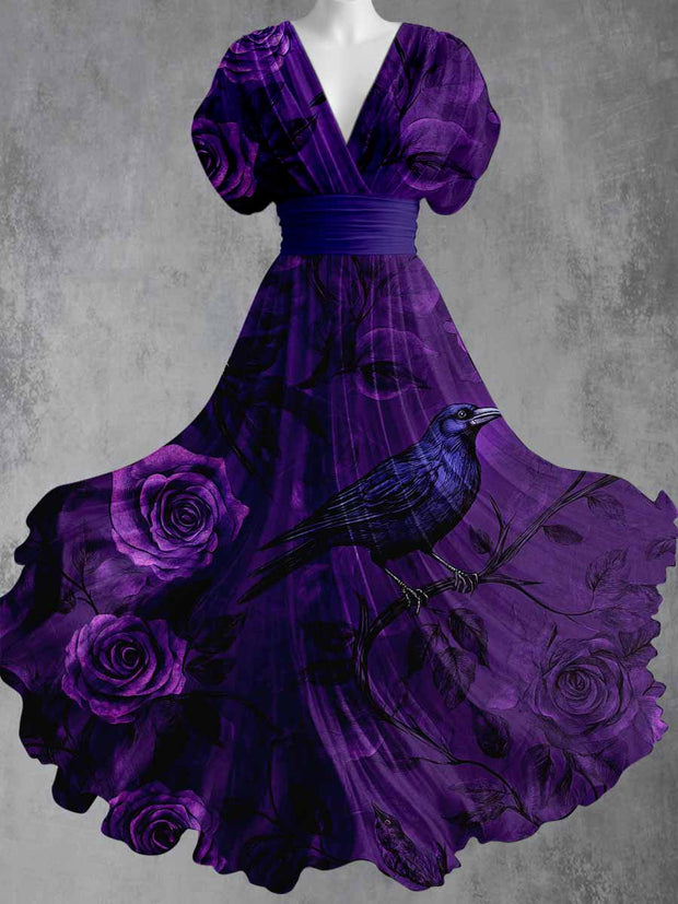 Gothic Crow Art Print V-Neck Vintage Elegant Short Sleeve Maxi Dress