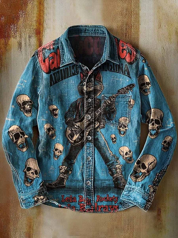 Retro Skull Gothic Art Abstract Printed Cotton Vintage Casual Cotton Long Sleeve Shirt