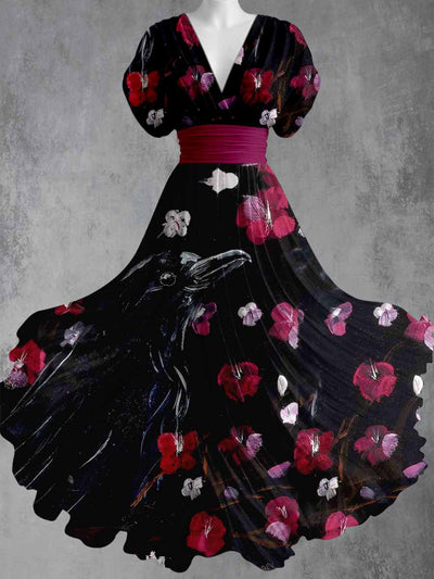 Gothic Crow Art Print V-Neck Vintage Elegant Short Sleeve Maxi Dress