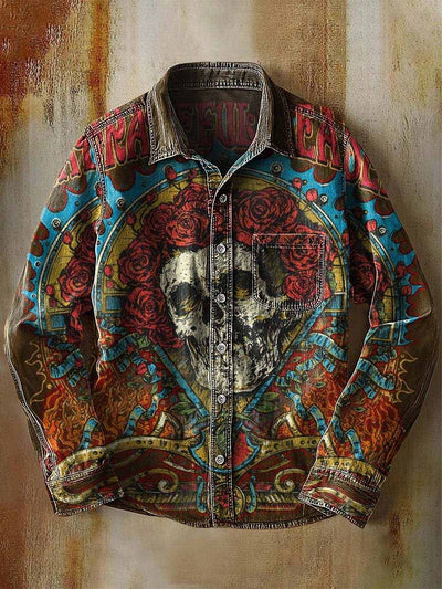Retro Skull Gothic Art Abstract Printed Cotton Vintage Casual Cotton Long Sleeve Shirt