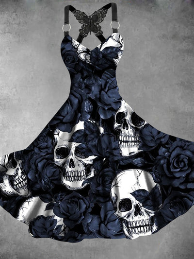 Retro Halloween Gothic Floral Art Printed Vintage V-Neck Pleated Butterfly Cross-Wrap Midi Dress