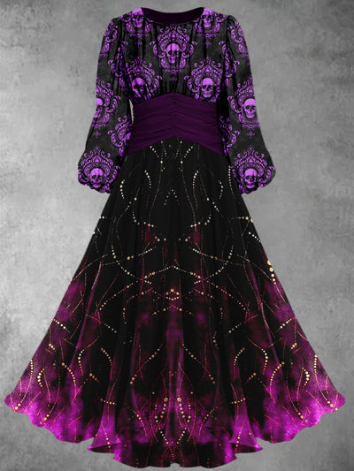 Gothic Floral Art Printed Vintage Round Neck Long Sleeve Maxi Dress