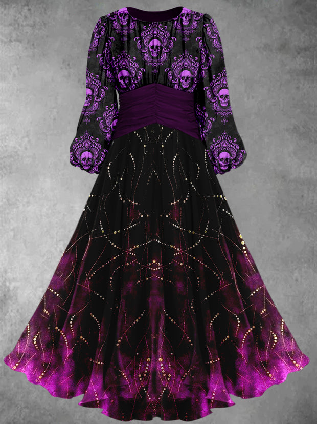 Gothic Floral Art Printed Vintage Round Neck Long Sleeve Maxi Dress