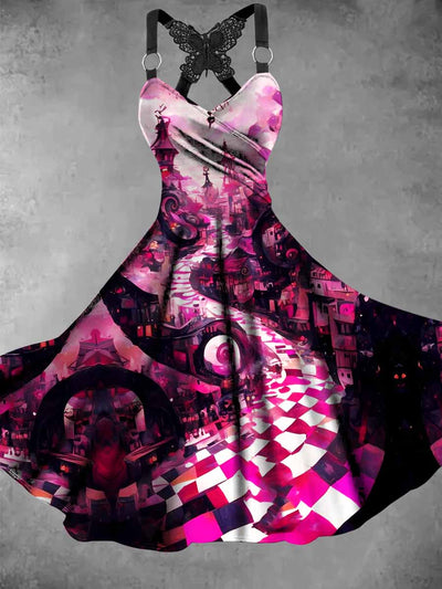 Retro Gothic Art Printed Vintage V-Neck Pleated Butterfly Cross-Wrap Midi Dress