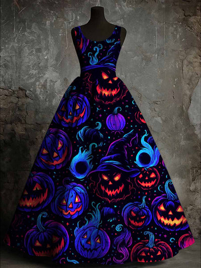 Gothic Pumpkin Art Print Vintage Round Neck Sleeveless Maxi Dress