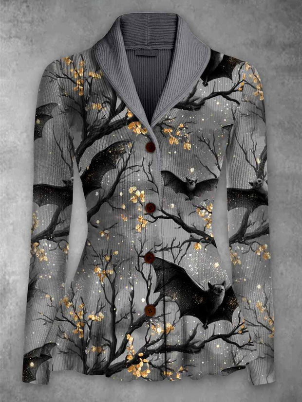 Retro Floral Art Printed Vintage Lapel V-Neck Long-Sleeved Button-up Cardigan Top