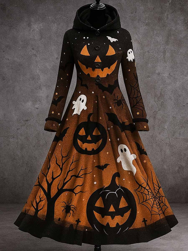 Gothic Pumpkin Art Print Vintage Long Sleeve Hooded Maxi Dress