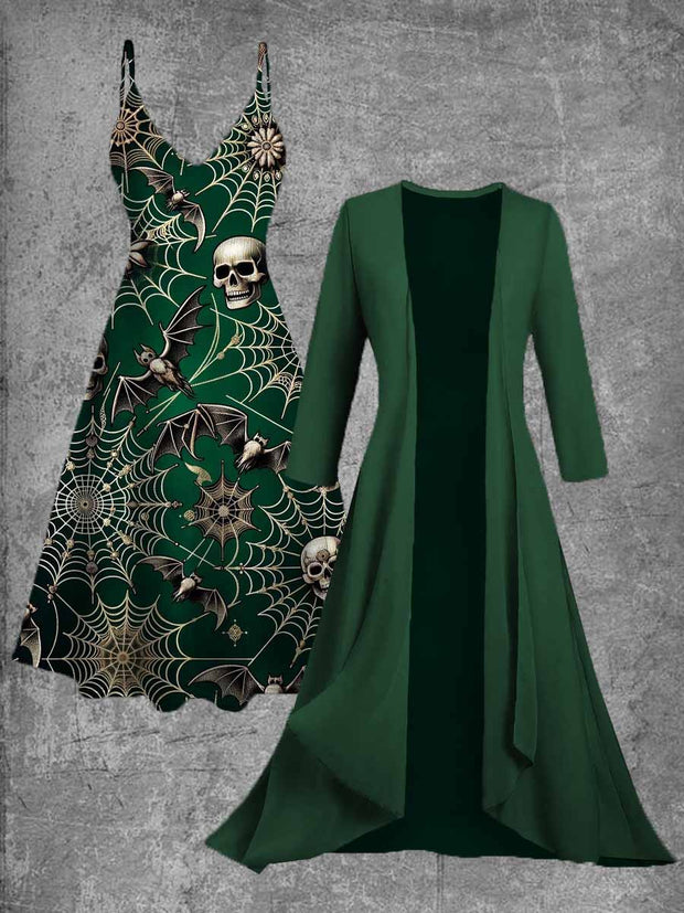 Gothic Skull Art Print Vintage Camisole Dress Long Sleeve Two-Piece Midi Dress