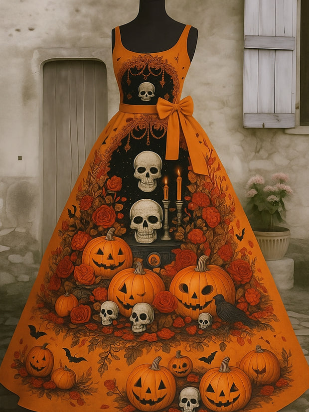 Retro Gothic Floral Art Print V-Neck Sleeveless Cotton Maxi Dress