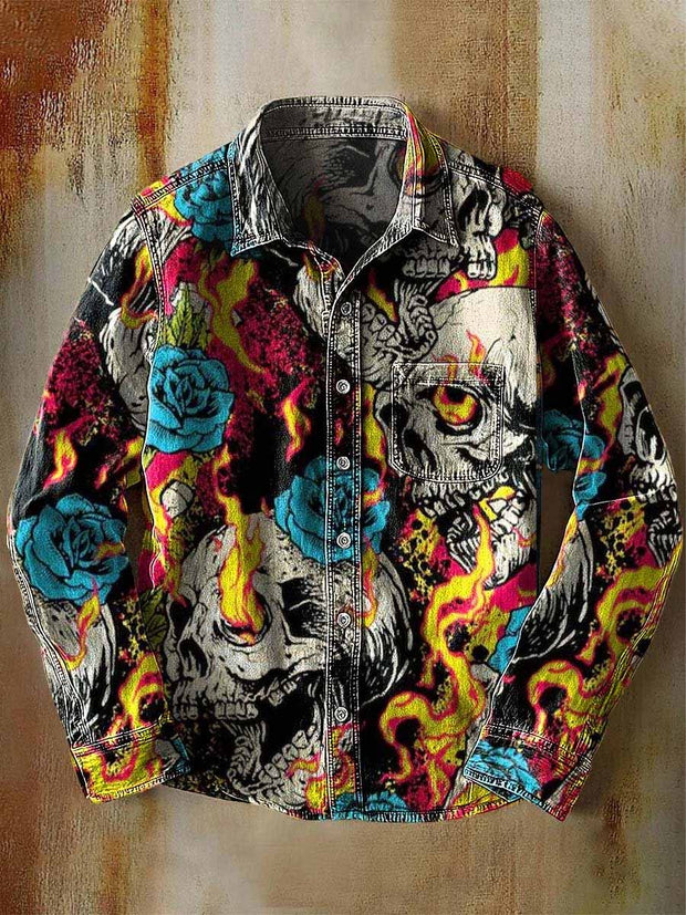 Retro Skull Gothic Art Abstract Printed Cotton Vintage Casual Cotton Long Sleeve Shirt