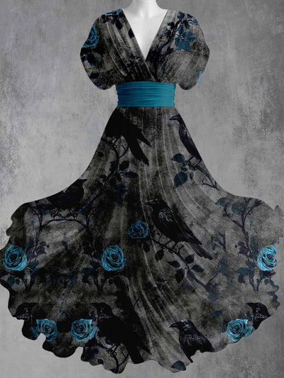 Gothic Crow Art Print V-Neck Vintage Elegant Short Sleeve Maxi Dress