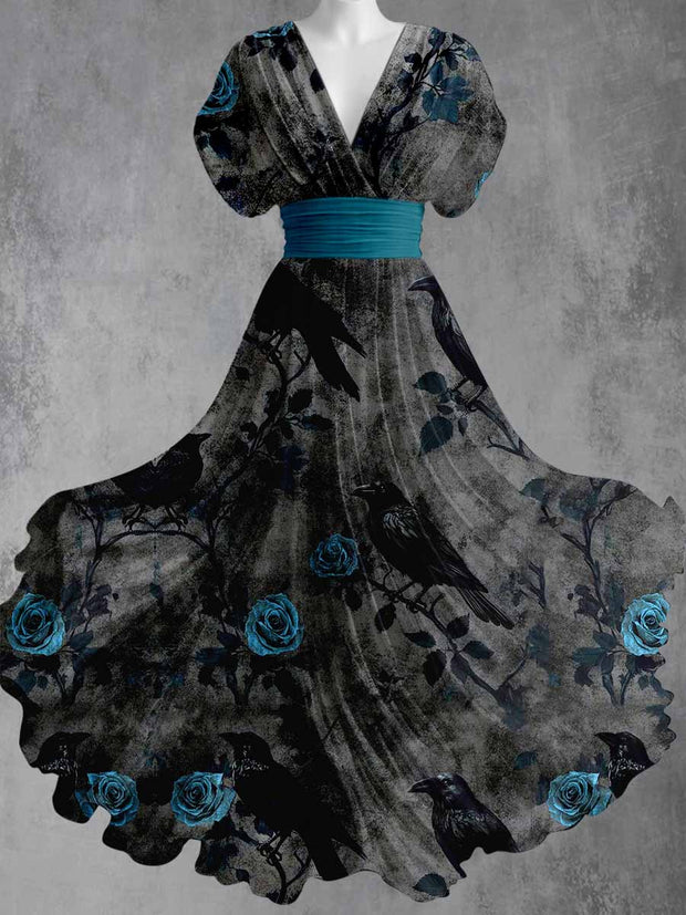 Gothic Crow Art Print V-Neck Vintage Elegant Short Sleeve Maxi Dress