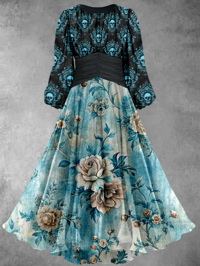 Retro Floral Art Printed Vintage Round Neck Long Sleeve Maxi Dress