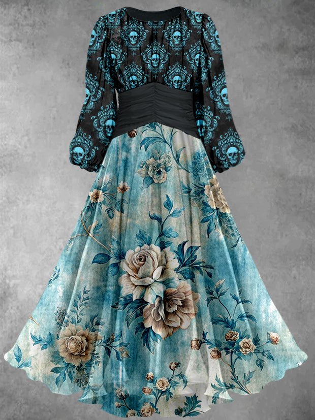 Retro Floral Art Printed Vintage Round Neck Long Sleeve Maxi Dress