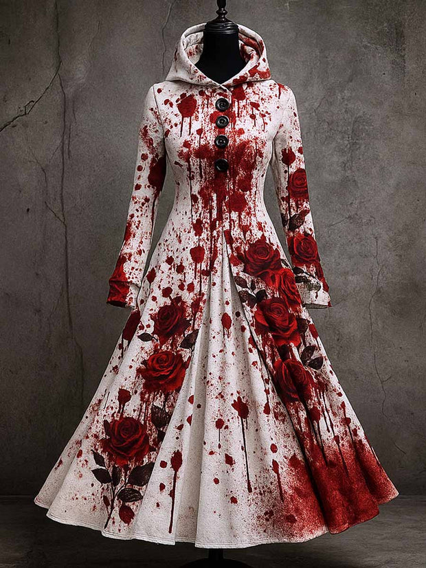 Gothic Floral Art Print Vintage Long Sleeve Hooded Maxi Dress