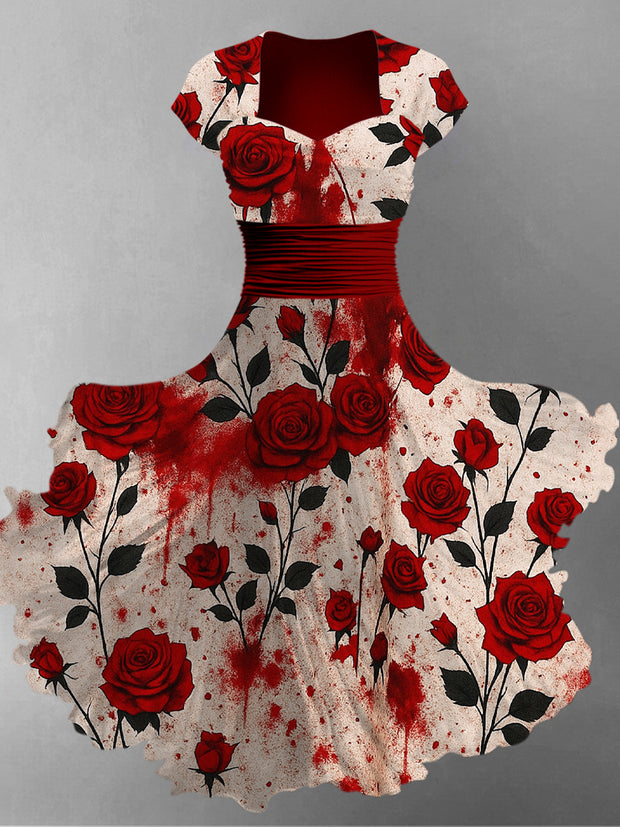 Retro Floral Art Printed Vintage V-Neck Pleated Waist Short Sleeve Midi Dress