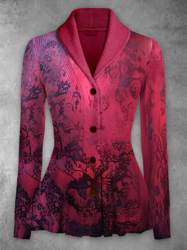 Retro Floral Art Printed Vintage Lapel V-Neck Long-Sleeved Button-up Cardigan Top