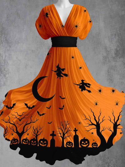 Halloween Art Print V-Neck Vintage Elegant Short Sleeve Maxi Dress
