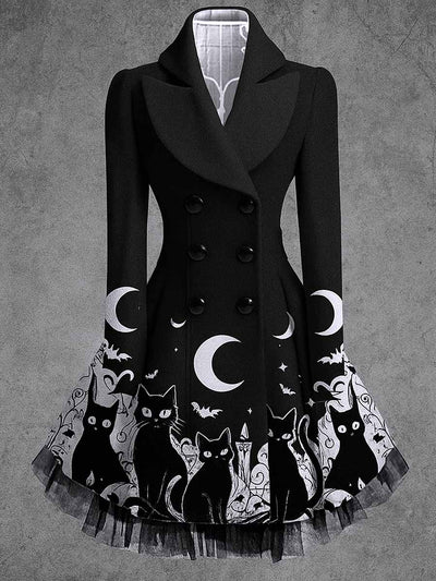 Gothic Cats Art Print Vintage Elegant Lapel V-Neck Button Up Long Sleeve Coat Dress
