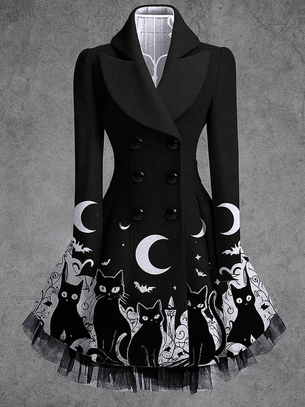 Gothic Cats Art Print Vintage Elegant Lapel V-Neck Button Up Long Sleeve Coat Dress