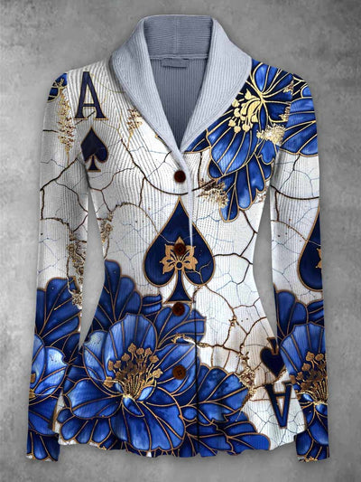 Retro Floral Art Printed Vintage Lapel V-Neck Long-Sleeved Button-up Cardigan Top