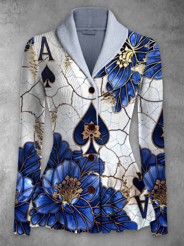 Retro Floral Art Printed Vintage Lapel V-Neck Long-Sleeved Button-up Cardigan Top