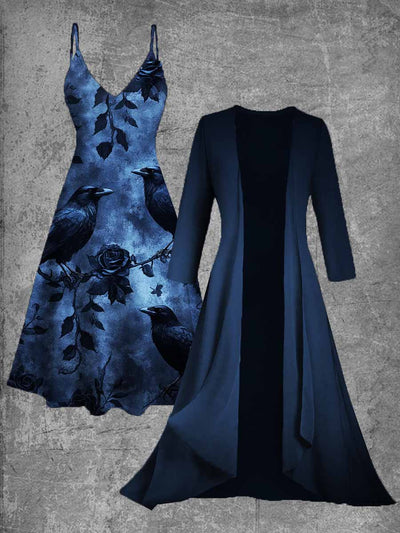 Gothic Crow Art Print Vintage Camisole Dress Long Sleeve Two-Piece Midi Dress