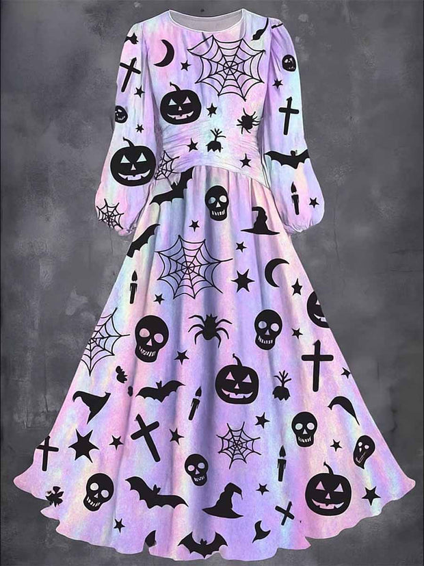 Halloween Art Print Vintage Round Neck Long Sleeve Maxi Dress