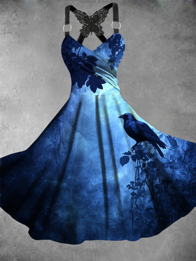 Retro Halloween Gothic Floral Art Printed Vintage V-Neck Pleated Butterfly Cross-Wrap Midi Dress