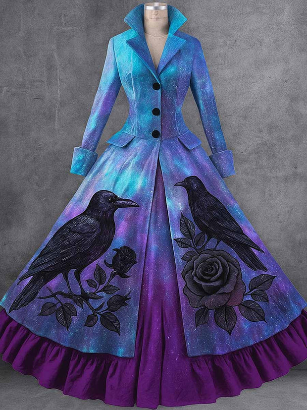 Gothic Raven Art Print Vintage Lapel Button Up Double Hem Long Sleeve Maxi Dress