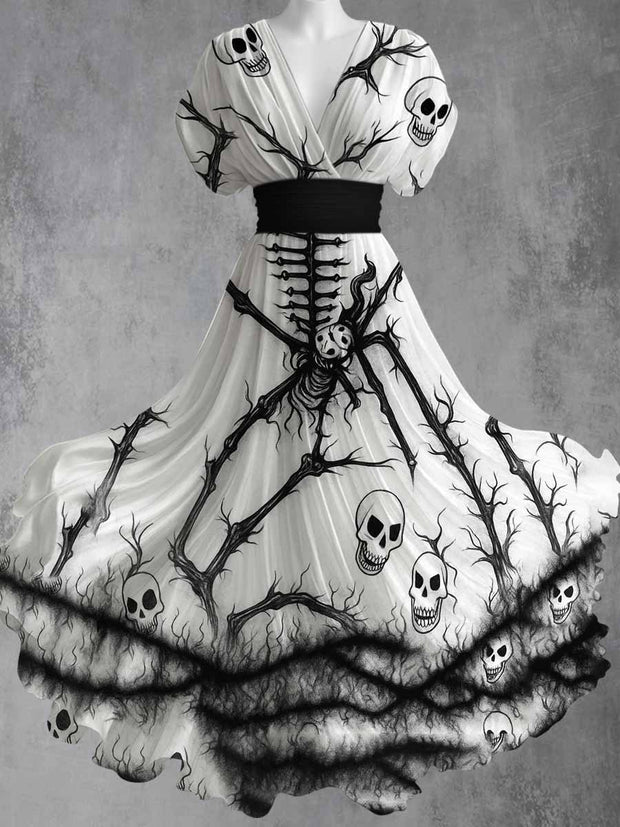 Gothic Art Print V-Neck Vintage Elegant Short Sleeve Maxi Dress