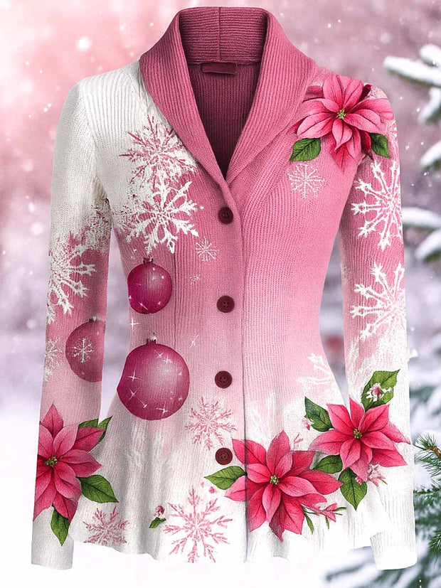 Christmas Floral Art Printed Vintage Lapel V-Neck Long-Sleeved Button-up Cardigan Top