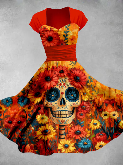 Retro Floral Art Printed Vintage V-Neck Pleated Waist Short Sleeve Midi Dress