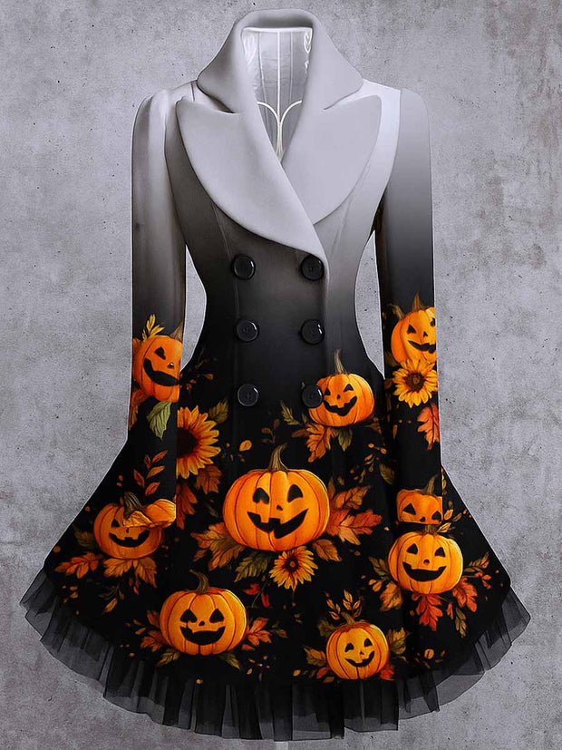 Gothic Pumpkin Art Print Vintage Elegant Lapel V-Neck Button Up Long Sleeve Coat Dress