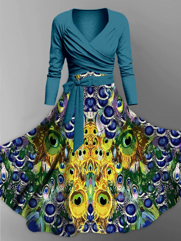 Retro Floral Art Printed Vintage Unique Slim Fit Cross Wrap Long Sleeve Two-Piece Midi Dress