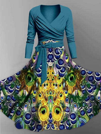 Retro Floral Art Printed Vintage Unique Slim Fit Cross Wrap Long Sleeve Two-Piece Midi Dress