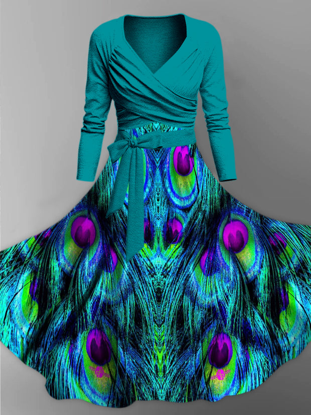 Retro Floral Art Printed Vintage Unique Slim Fit Cross Wrap Long Sleeve Two-Piece Midi Dress
