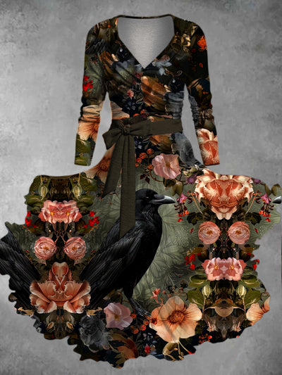 Retro Floral Art Printed Vintage Unique Slim Fit Cross Wrap Long Sleeve Two-Piece Midi Dress