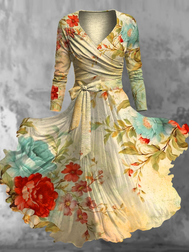 Retro Floral Art Printed Vintage Unique Slim Fit Cross Wrap Long Sleeve Two-Piece Midi Dress