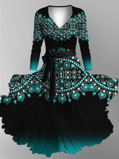 Retro Floral Art Printed Vintage Unique Slim Fit Cross Wrap Long Sleeve Two-Piece Midi Dress