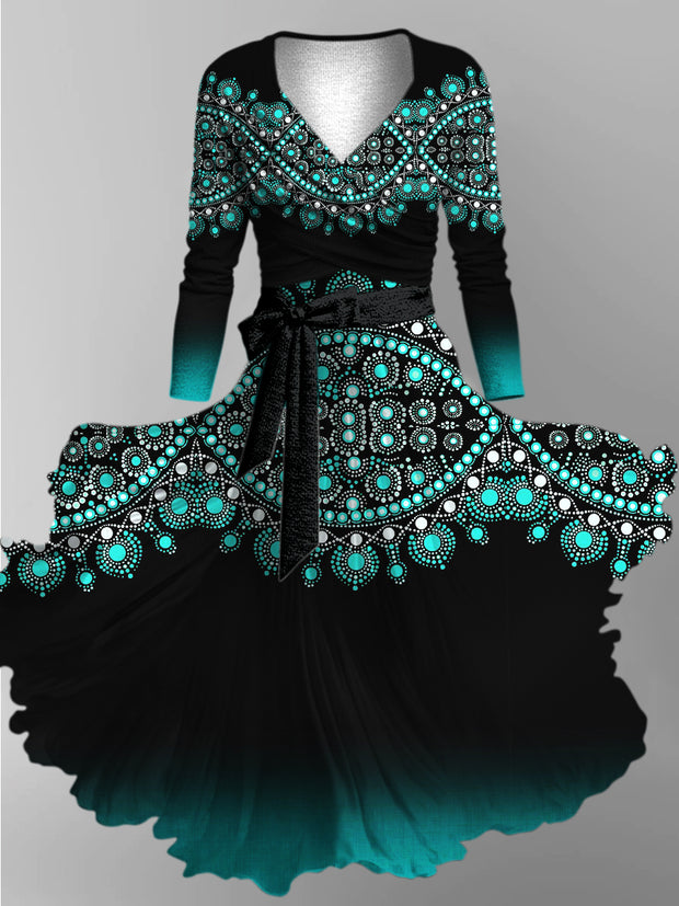 Retro Floral Art Printed Vintage Unique Slim Fit Cross Wrap Long Sleeve Two-Piece Midi Dress