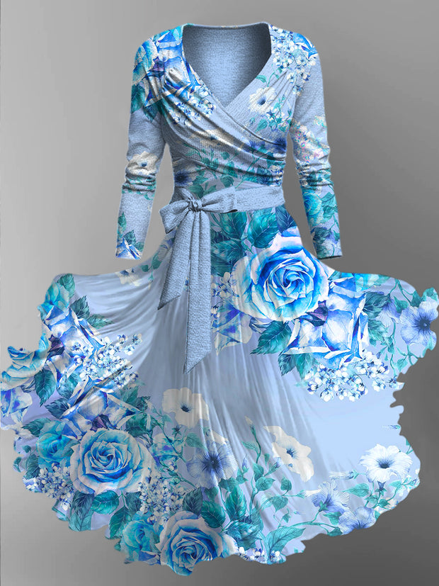 Retro Floral Art Printed Vintage Unique Slim Fit Cross Wrap Long Sleeve Two-Piece Midi Dress