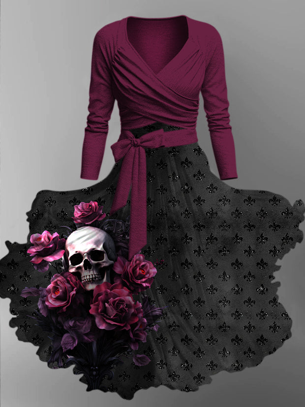 Retro Floral Art Printed Vintage Unique Slim Fit Cross Wrap Long Sleeve Two-Piece Midi Dress